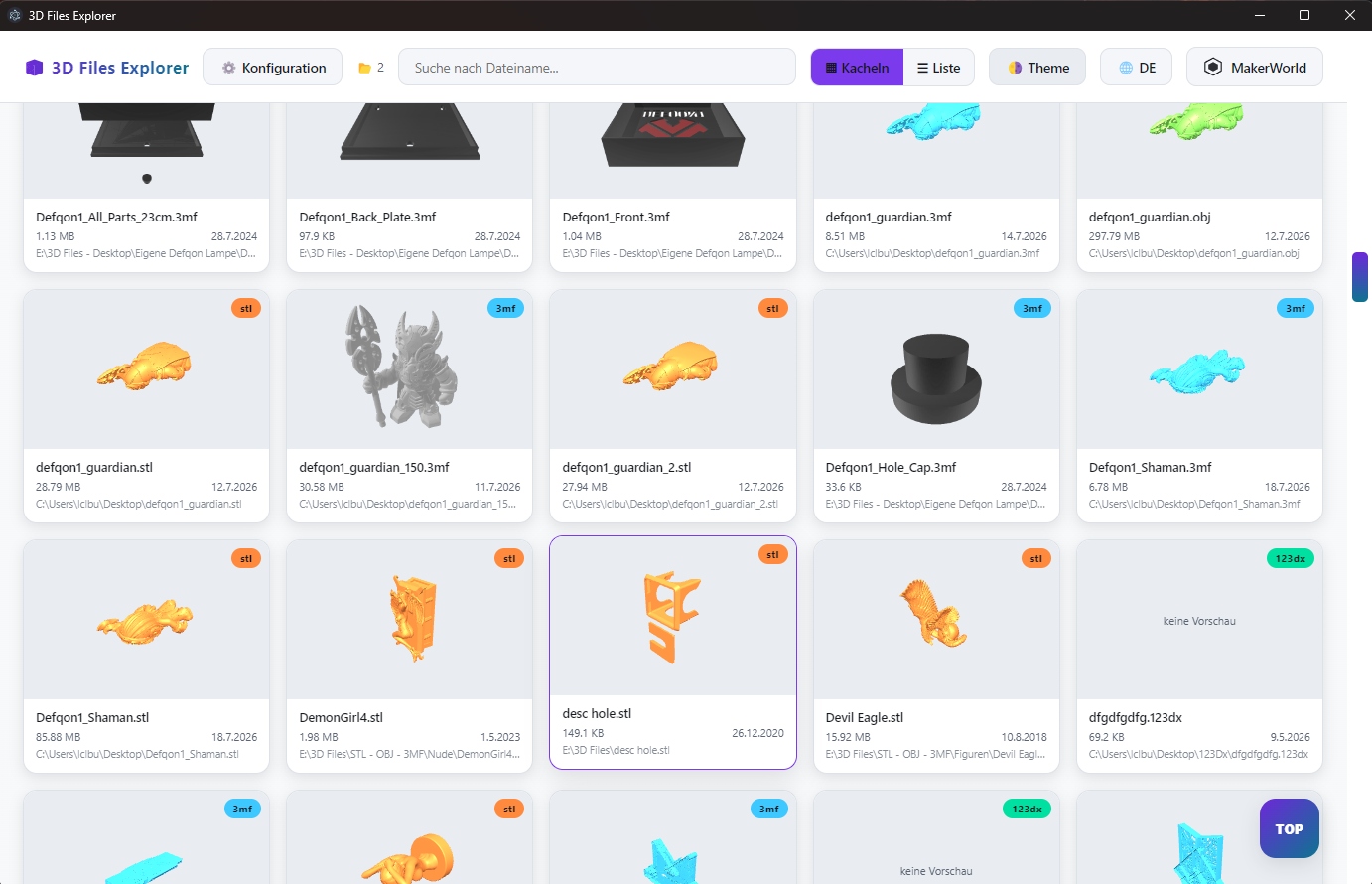 3D Files Explorer Listenansicht
